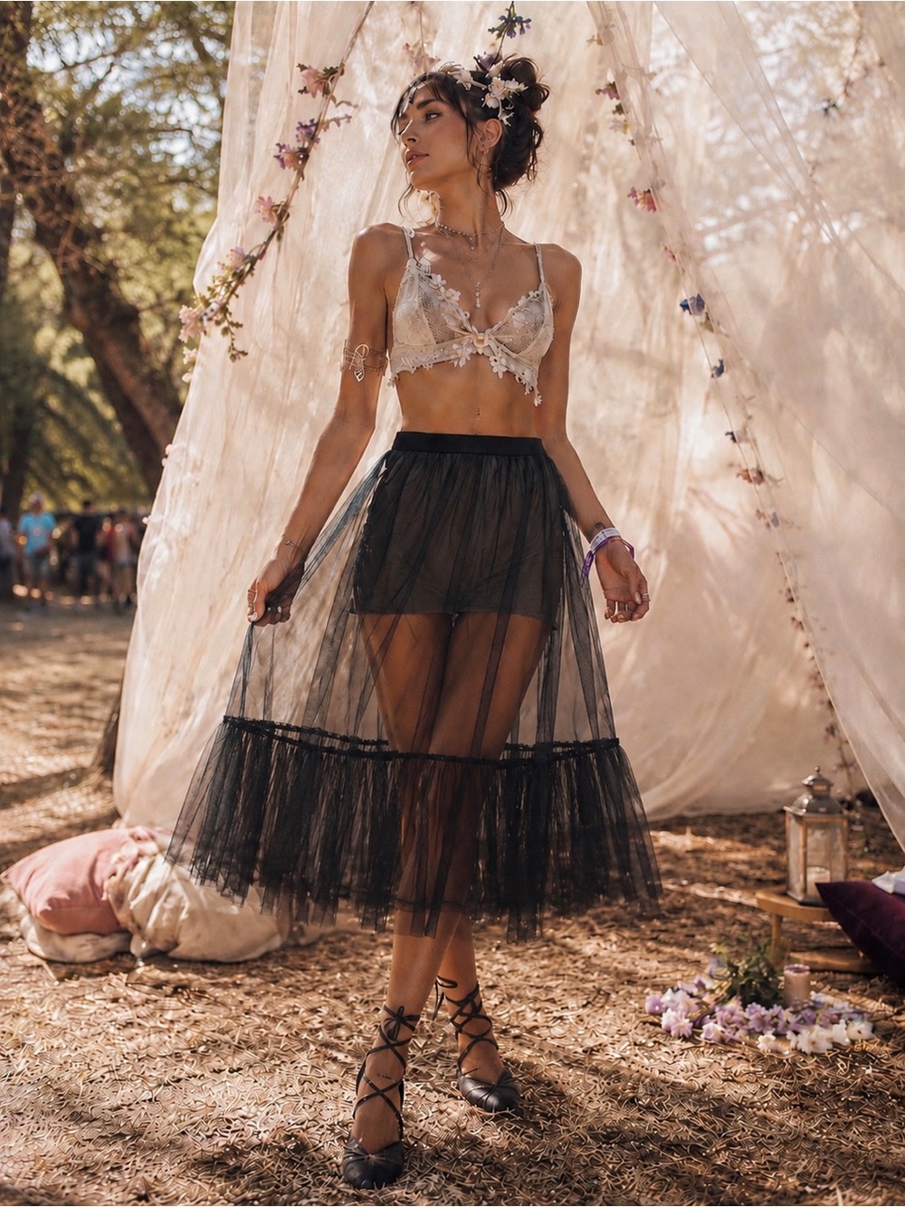Goldie Lewinter Tulle Skirt Black Sheer Midi Overlay Ruffle Hem XS NWT - Picture 9 of 10
